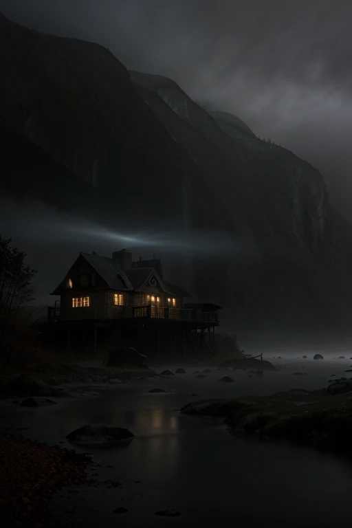 Dark Moody Atmosphere, dystopian style a view from the depths of the cave, an autumn landscape, a small smooth lake, a stone shore strewn with autumn leaves, a suspension bridge on ropes across the river, an old wooden house stands on a hill, in the fog, a...