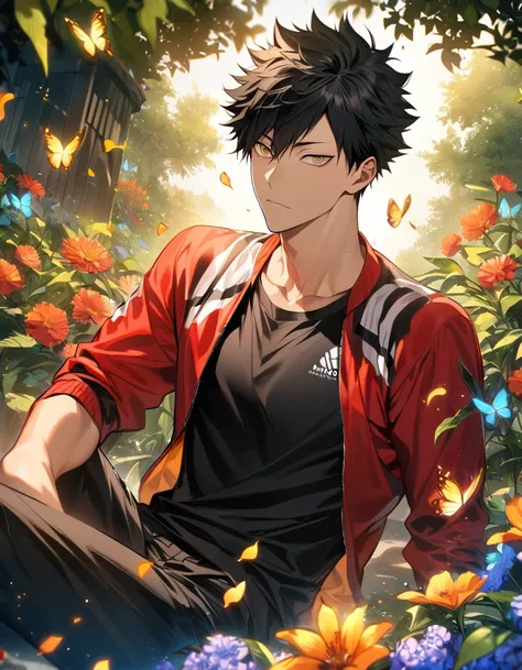 Ultra detailed, highres, absurdres, HDR, Kuroo Tetsurou, black hair, golden eyes, Haikyuu, red jacket, 1 man only, handsome, black tight t-shirt, summer, black pants, flowers and petals, green leaves, butterflies