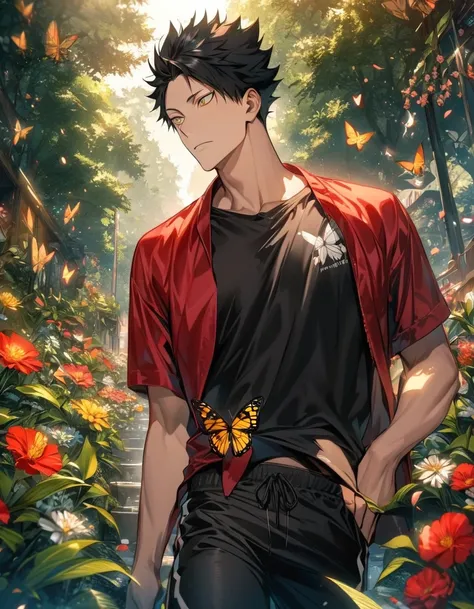 Ultra detailed, highres, absurdres, HDR, Kuroo Tetsurou, black hair, golden eyes, Haikyuu, red jacket, 1 man only, handsome, black tight t-shirt, summer, black pants, flowers and petals, green leaves, butterflies