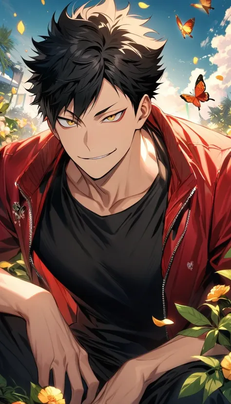 Ultra detailed, highres, absurdres, HDR, Kuroo Tetsurou, black hair, golden eyes, Haikyuu, smirking, red jacket, 1 man only, handsome, black tight t-shirt, summer, black pants, flowers and petals, green leaves, butterflies