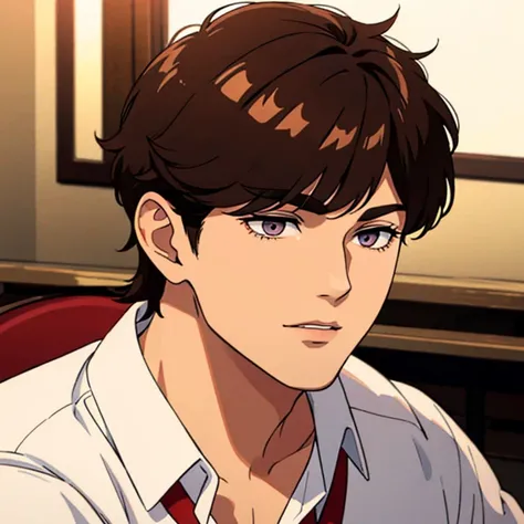 Brown haired man with bangs and short mullet wearing red tie and white shirt and long eyelashes