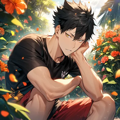 Ultra detailed, highres, absurdres, HDR, Kuroo Tetsurou, black hair, golden eyes, Haikyuu, 1 man only, handsome, black tight t-shirt, summer, red shorts, flowers and petals, green leaves, butterflies