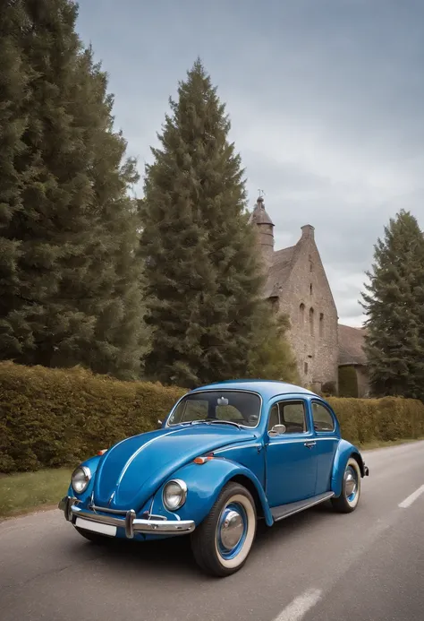 there is a blue car that is parked on the side of the road, beetle, beetle-inspired, classic car, classic cars, kodakchrome : : 8 k, nice colors, wide body, desktop background, lowrider style, with cool headlights, vintage car, amazing wallpaper, beatle, v...