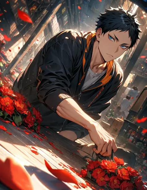 absurdres, highres, ultra detailed, HDR), masterpiece, Akaashi Keiji, vibrant dark blue eyes, black hair, Haikyuu, 1man, handsome, red flowers, red petals