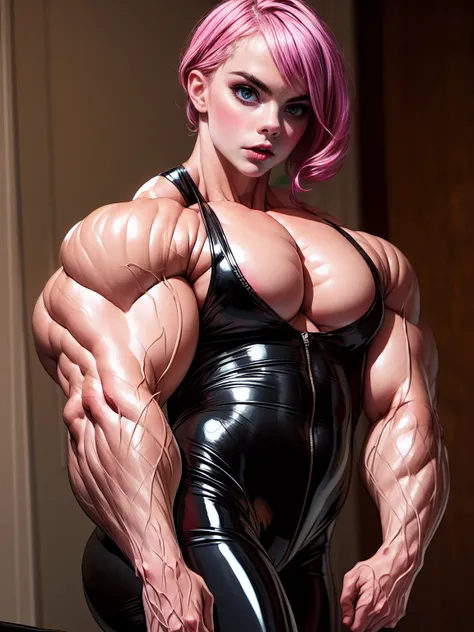 (1 girl), (cara delevingne), young girl, masculine physique, seductive face, seductive look, long pink hair, perfect muscular body, super skinny legs, latex pants, sissy, femboy, (huge muscular arms:1.25),