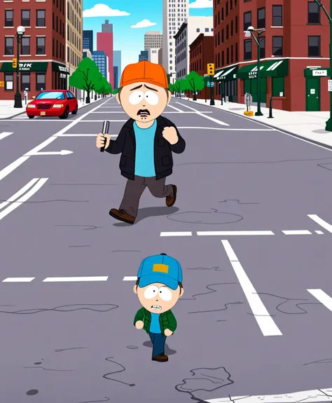 kenny mccormick working speak rap hold mic walking on new york city, south park style