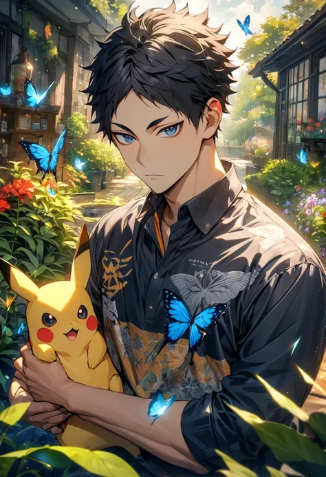 absurdres, highres, ultra detailed, HDR), masterpiece, Akaashi Keiji holding pikachu, vibrant dark blue eyes, black hair, Haikyuu, 1man, handsome, garden, butterflies
