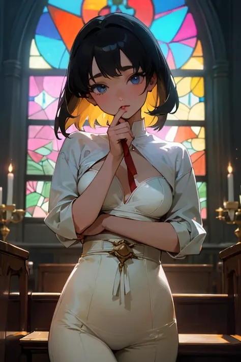 ((highest quality)), ((masterpiece)), (become familiar with), Illuminated by candlelight、In a dimly lit cathedral with huge stained glass windows、Put your hands on the pulpit、support the body、She was wearing only a white bra and white panties.、black haired...