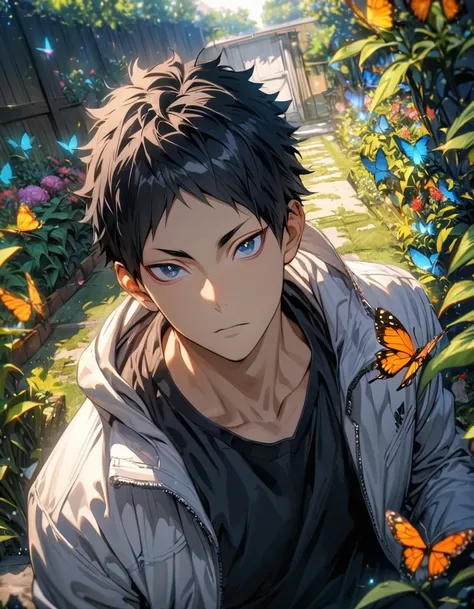 absurdres, highres, ultra detailed, HDR), masterpiece, Akaashi Keiji, vibrant dark blue eyes, black hair, Haikyuu, 1man, handsome, garden, butterflies, white jacket, black T-shirt