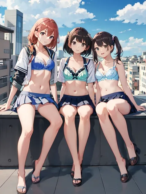 highest quality, ultra high resolution, perfect anatomy, three girls, multiple girls, , school rooftop、spread your legs, white panties, Front view shadow,mini skirt、bra