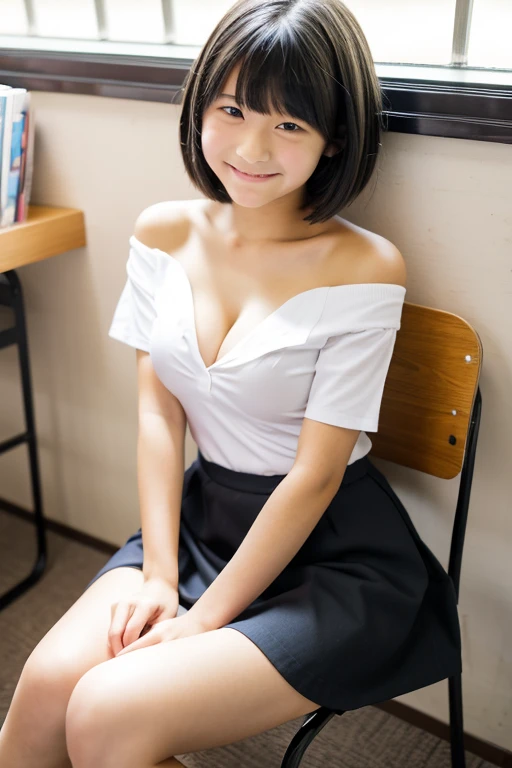 1girl, sit on a chair, full body, Japanese, (13 years old), middle School girls, white shirt, short sleeve, open clothes, off shoulder, middle breast, (cleavage), black skirt, thighs, (13 years old face), black hair bob cut, smile ,classroom