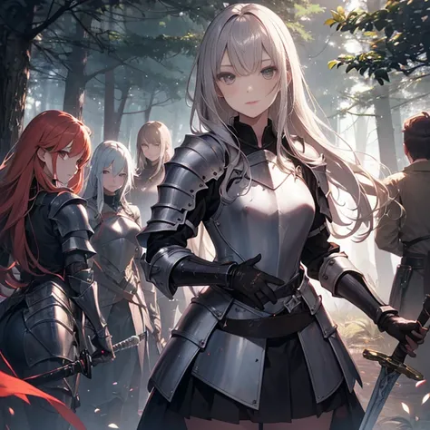 A group of young female knight, (in forest), various hair styles, harem, wearing armored clothes, metal armor, night, details face, , short skirt, seducing, sword,