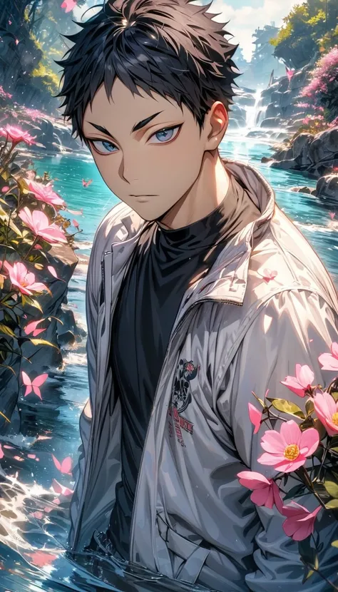 absurdres, highres, ultra detailed, HDR), masterpiece, Akaashi Keiji, vibrant dark blue eyes, black hair, Haikyuu, 1man, handsome, water, pink flowers, pink butterflies, white jacket, black T-shirt
