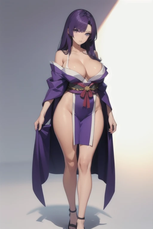 A girl with long straight purple hair and purple eyes with tan skin standing straight facing the viewer in a shoulderless Kimono with large breasts in full body, perfect,