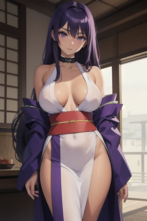 A girl with long straight purple hair and purple eyes with tan skin standing straight facing the viewer in a shoulderless Kimono with large breasts, perfect,