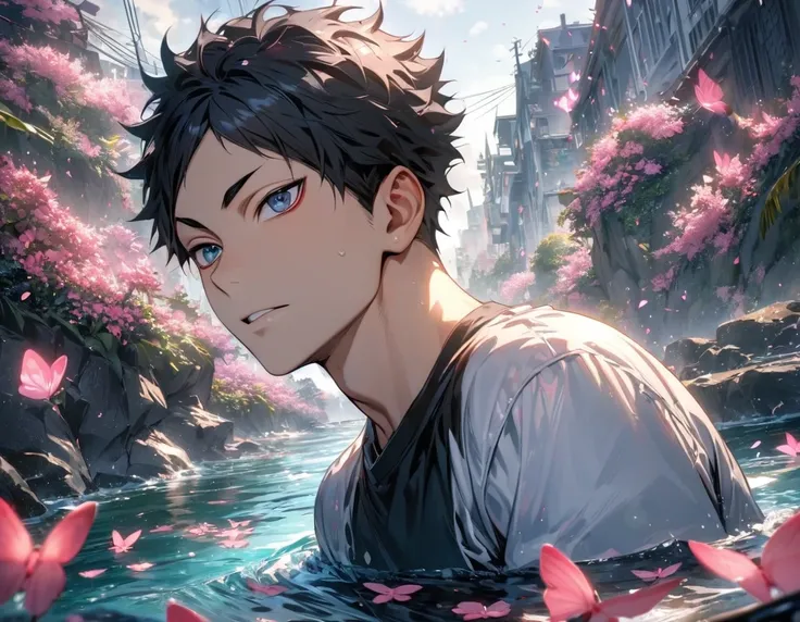 absurdres, highres, ultra detailed, HDR), masterpiece, Akaashi Keiji, vibrant dark blue eyes, black hair, Haikyuu, 1man, handsome, water, pink flowers, pink butterflies, white jacket, black T-shirt
