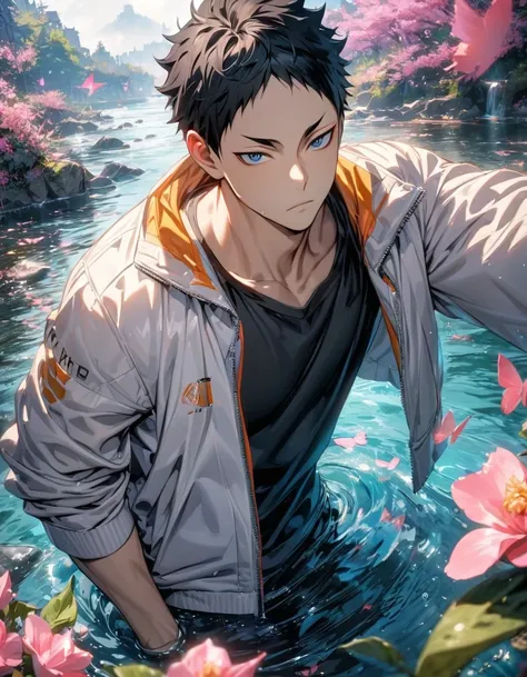 absurdres, highres, ultra detailed, HDR), masterpiece, Akaashi Keiji, vibrant dark blue eyes, black hair, Haikyuu, 1man, handsome, water, pink flowers, pink butterflies, white jacket, black T-shirt
