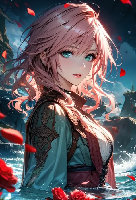 Ultra detailed, highres, absurdres, HDR, Claire Farron, wavy rose pink short hair, aqua pale eyes, Final Fantasy, Lightning Farron, 1 woman only, extremely beautiful, water, flowers and red petals