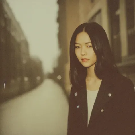 portrait of a woman, low light, streets background, fujifilm-instax-mini-v1beta, polaroid