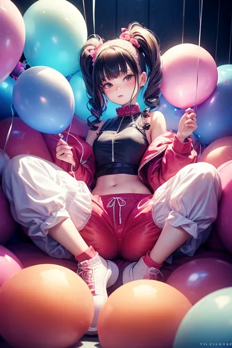 a 12 years old girl, ((having a lot of balloons)) , real photo, (((full body))), (sitting on sofa), hot pants, twin tails,