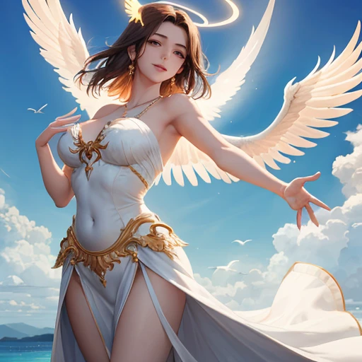 A radiant phoenix flies majestically in the vast, azure sky, its fiery plumage contrasting beautifully against the tranquil background. Behind the magnificent bird, a stunning young woman, age 22, with full, ample busts (size F), is depicted with a serene ...