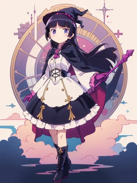 (masterpiece, highest quality:1.1), magician , 1 girl, alone, witch hat, gloves, dress, medium breasts, black costume、((long skirt))、boots, cape, staff, black socks, witch, ((ruri gokou)), anime style,