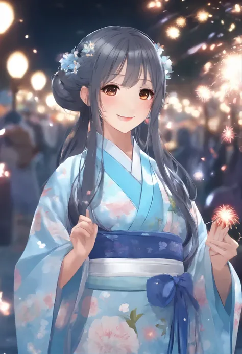 ,Girl in Yukata,light blue long hair、twin tails、Outstanding smile,Summer festival,night,Opening a store,Spirit Stream,Large fireworks,