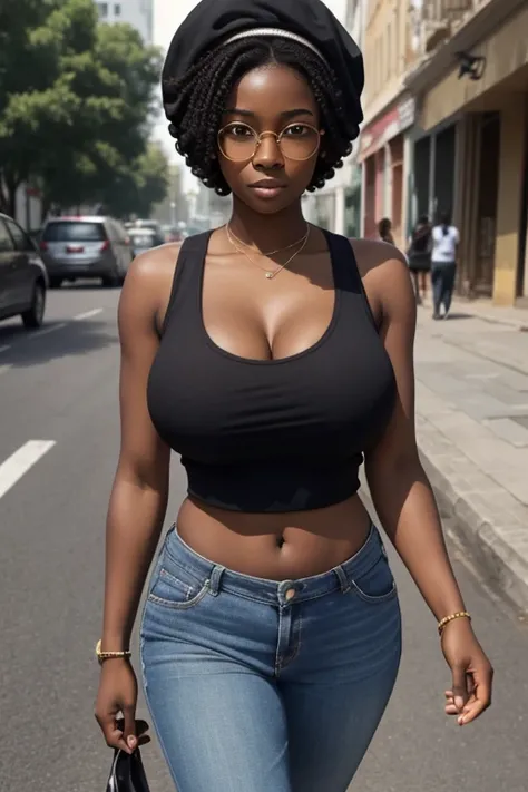 20 year-old nigerian woman, very dark-skinned, tomboy, short dark curly hair, crop-top tank top, backward cap on head, glasses, (huge cleavage, heaving), huge hips, walking on sidewalk