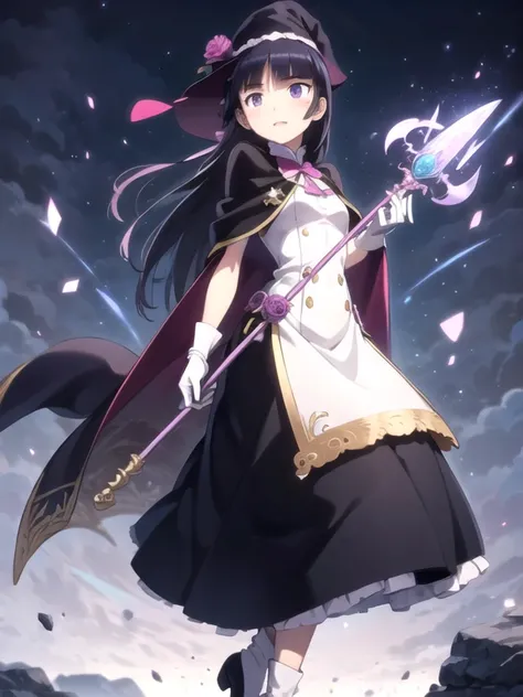 (masterpiece, highest quality:1.1), magician , 1 girl, alone, witch hat, gloves, dress, black costume、((long skirt))、boots, cape, staff, black socks, witch, ((ruri gokou)), anime style,