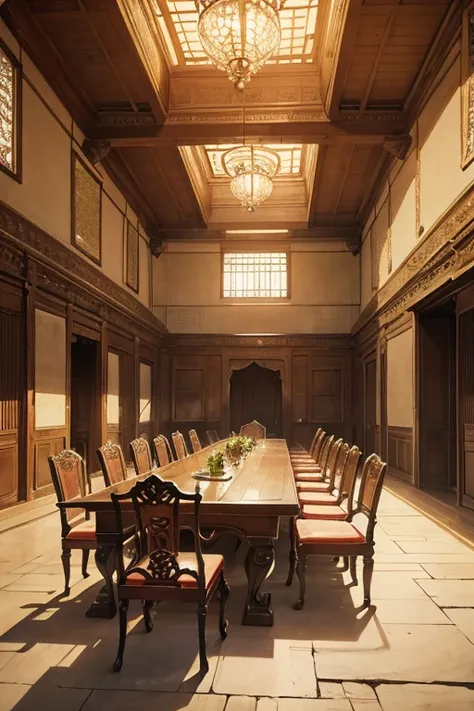 a long palace council table with distinguished chairs standing in a stone floored palace hall