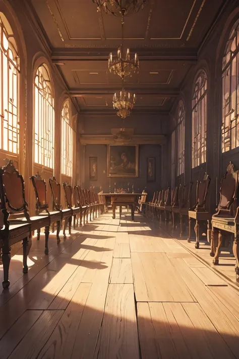 a long palace council table with distinguished chairs standing in a stone floored palace hall