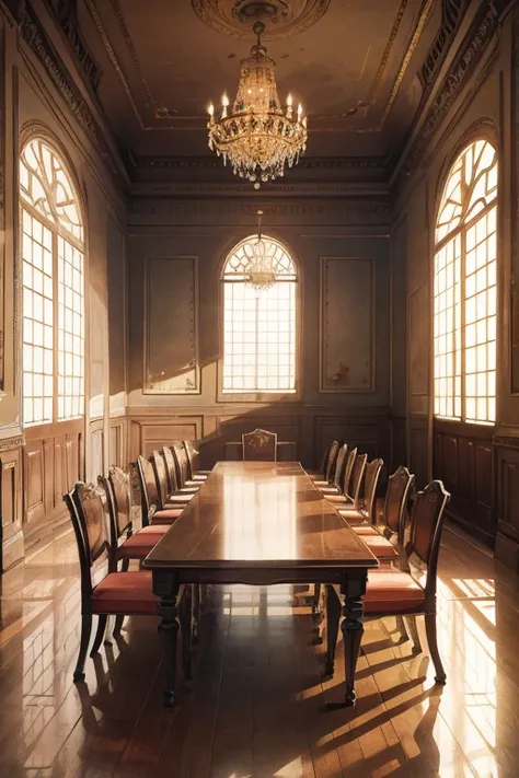 a long palace council table with distinguished chairs standing in a stone floored palace hall, slavic theme