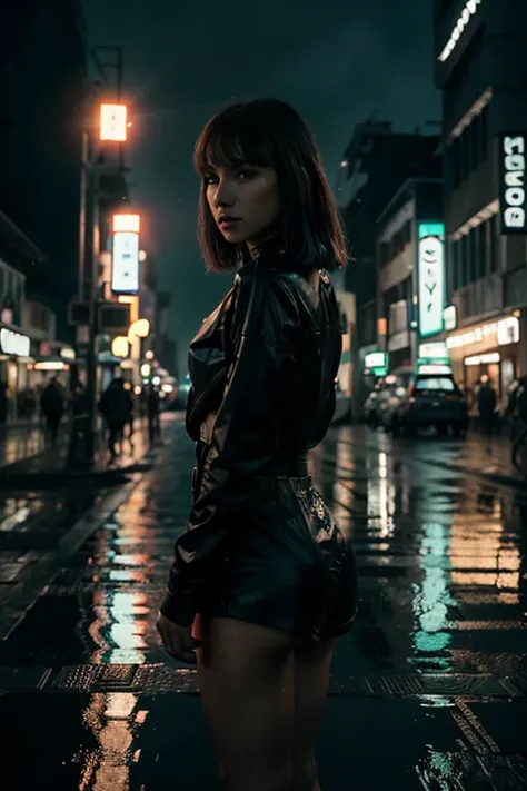 gchuvay, detalhado,dynamic lighting, escuro, chuva, reflection on water, garota da cidade futurista andando, roupas ciberpunk, luzes em panos, escuro, luzes de neon,  detalhes bioluminescentes, Luz cintilante Blade Runner 2049 Wallace Corp.