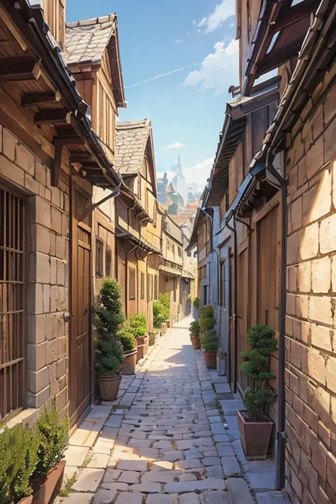 narrow alley in a medieval city, stone houses, shingled roofs