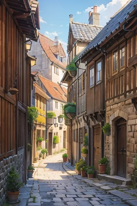 narrow alley in a european medieval city, stone houses, shingled roofs
