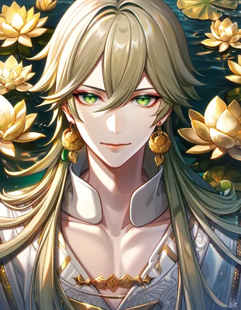 (absurdres, highres, ultra detailed, HDR), master piece, best quality, vibrant green eyes, 1man, handsome face, Taishakuten, ash blond hair, hair between the eyes, white tunic, showing the chest, golden lotus earrings, onmyoji, water, lotus