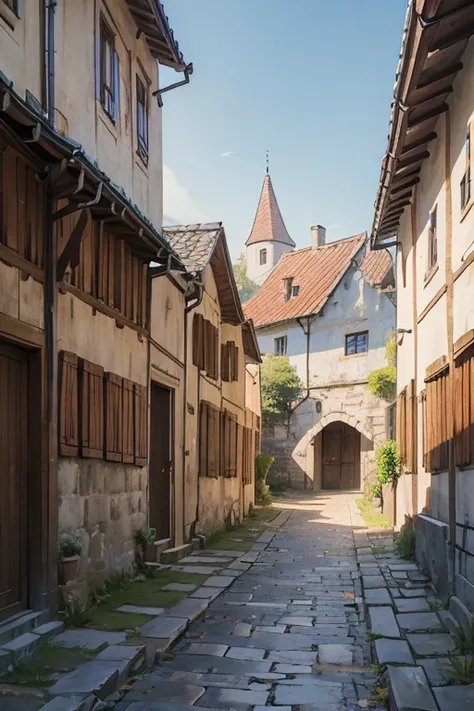 shady narrow back alley in a slavic medieval city, stone houses, shingled roofs
