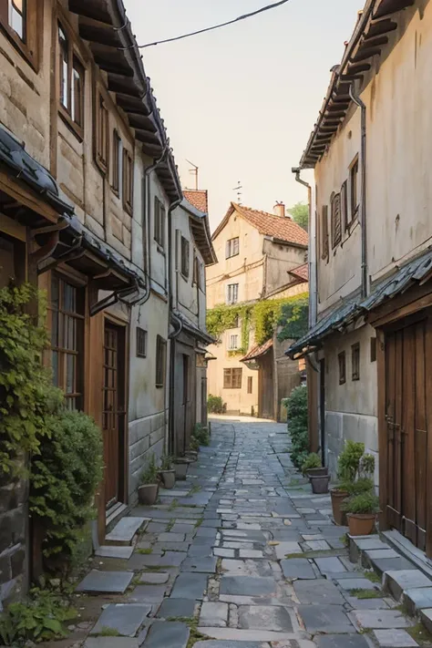 shady narrow back alley in a slavic medieval city, uneven old stone houses, shingled roofs
