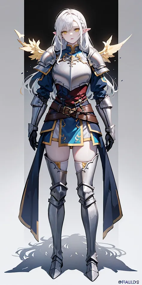 masterpiece, best quality, high quality, 1solo white SKIN elf, long hair, white hair, yellow eyes, full body, breastplate, looking at viewer, shiny, armor, thigh highs, high boots, shoulder armor, faulds, poleyn, gloves, gauntlets