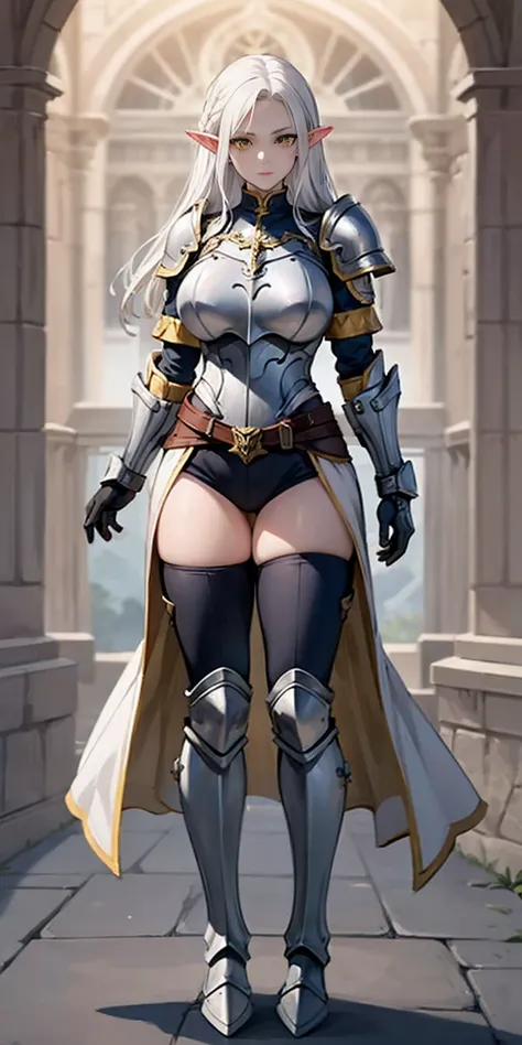 masterpiece, best quality, high quality, 1solo white SKIN elf, long hair, white hair, yellow eyes, full body, breastplate, looking at viewer, shiny, armor, thigh highs, high boots, shoulder armor, faulds, poleyn, gloves, gauntlets