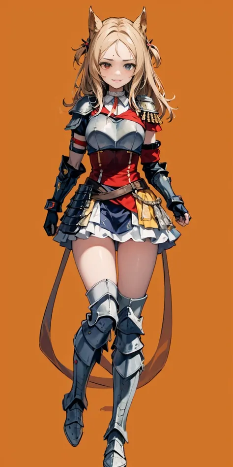 ((orange background)) 1solo white SKIN elf, long hair, white hair, yellow eyes, full body, female soldier standing on black background looking at viewer wearing armor and a pair of militar brown boots (breastplate, shiny, armor, thigh highs, high boots, sh...