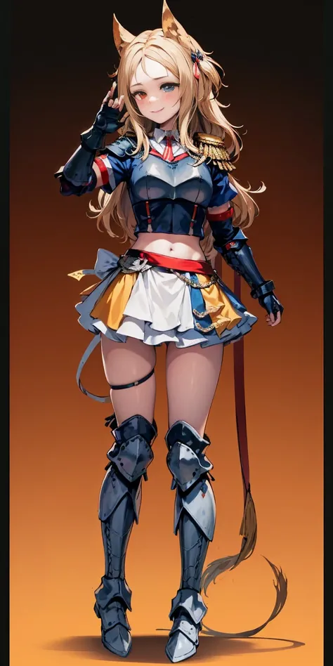 ((orange background)) 1solo white SKIN elf, long hair, white hair, yellow eyes, full body, female soldier standing on black background looking at viewer wearing armor and a pair of militar brown boots (breastplate, shiny, armor, thigh highs, high boots, sh...