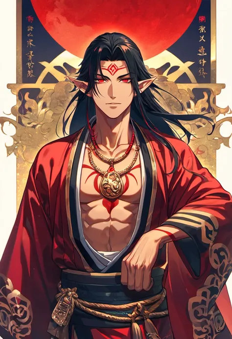 (absurdres, highres, ultra detailed, HDR), master piece, best quality, vibrant red eyes, 1man, handsome face, Asura, black long hair, tanned skin, red mark on the forehead, pointy ears, red marks on the chest, showing the chest, red haori, golden necklace,...