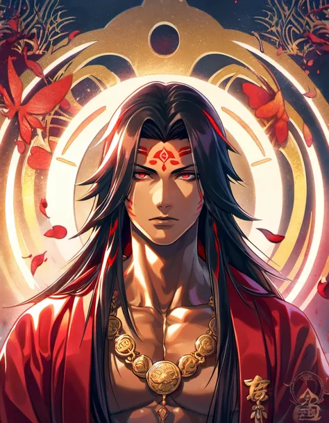 (absurdres, highres, ultra detailed, HDR), master piece, best quality, vibrant red eyes, 1man, handsome face, Asura, black long hair, tanned skin, red mark on the forehead, red marks on the chest, showing the chest, red haori, golden necklace, onmyoji, red...