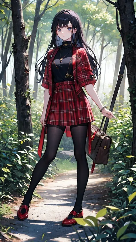 4K, actual, Very detailed, There is a girl in the woods, She is a warrior, War Theme, Soft clothes, long hair, Dressed in, 25 years old, whole body, Wearing Gucci shoes