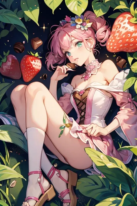 Chocoberry is a strawberry with four leaves sticking on the top, her stem in the middle of her head. Her head is covered with melted chocolate until her chest, and she wears pink sandals with long knee high socks.

In her pure elemental form, the chocolate...