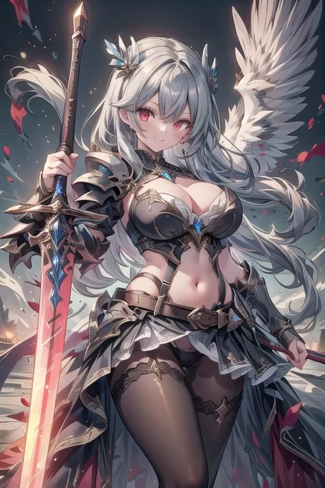 masterpiece,best quality, Swordmaster, long hair, gray hair, red eyes, perfect face, blue_armor, ((exposed arm)), blue_ornaments, blue_tabard, thong, belt, sword, ((big tits)), exposed belly, smiling, 1girl, legs exposed, strikes, Perfect face, thick thigh...