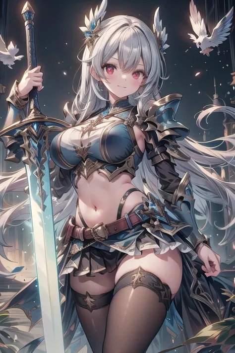 masterpiece,best quality, Swordmaster, long hair, gray hair, red eyes, perfect face, blue_armor, ((exposed arm)), blue_ornaments, blue_tabard, thong, belt, sword, ((big tits)), exposed belly, smiling, 1girl, legs exposed, strikes, Perfect face, thick thigh...