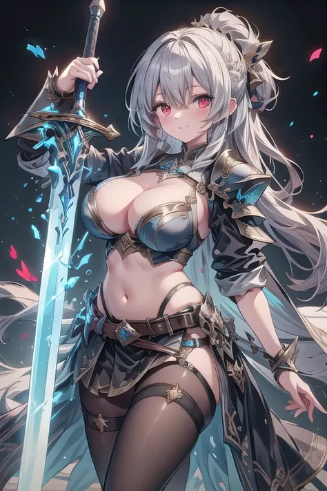 masterpiece,best quality, Swordmaster, long hair, gray hair, red eyes, perfect face, blue_armor, ((exposed arm)), blue_ornaments, blue_tabard, thong, belt, sword, ((big tits)), exposed belly, smiling, 1girl, legs exposed, strikes, Perfect face, thick thigh...