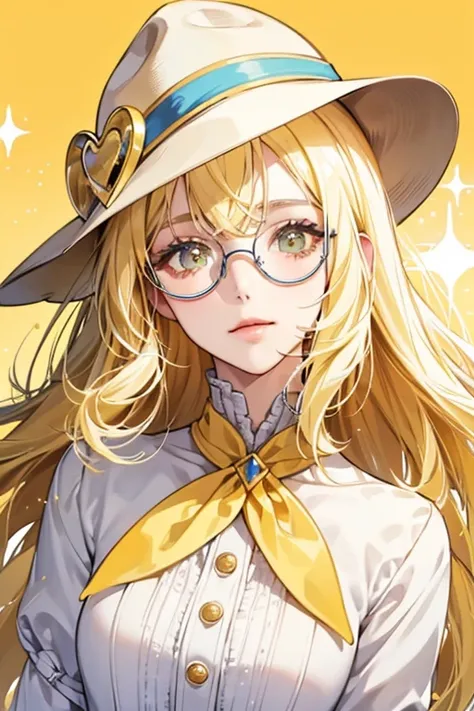 Her skin is light yellow, and her hair is blonde. Her hat is a light shade of yellow, and the top looks similar to the tops of the heads of the Banana Guards. She is seen wearing circular glasses and a white collar with a white heart in the center.  SPARKL...